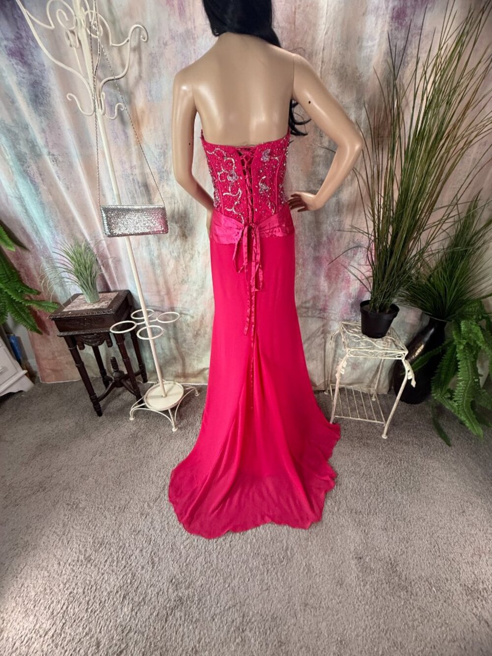 📌Fiesta Hot Pink Strapless Beaded Bodice & Ruffled Slit Formal - Prom Gown - Picture 7 of 15